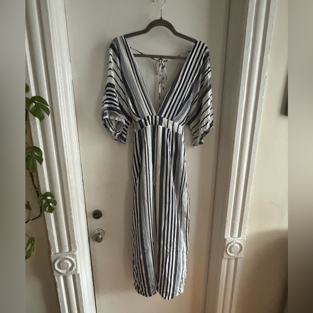 Sadie & Sage White and Blue Resort Jumpsuit with Plunge Neck